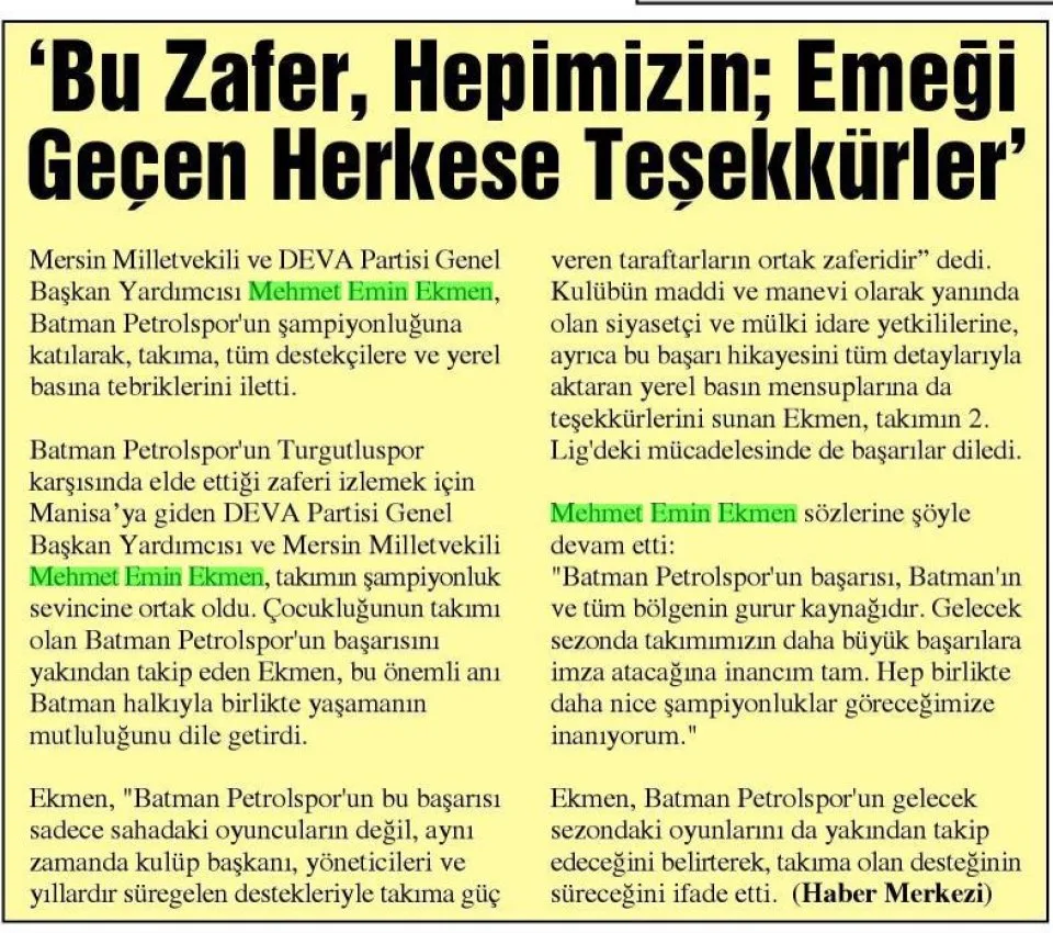 BU ZAFER, HEPİMİZİN; EMEĞİ GEÇEN HERKESE TEŞEKKÜRLER — gazete kupürü