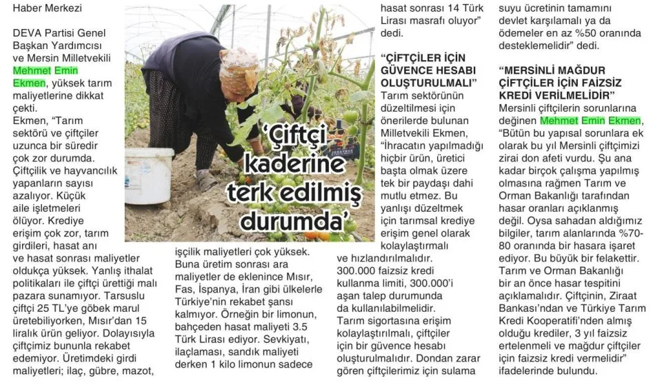 'ÇİFTÇİ KADERİNE TERK EDİLMİŞ DURUMDA' — gazete kupürü