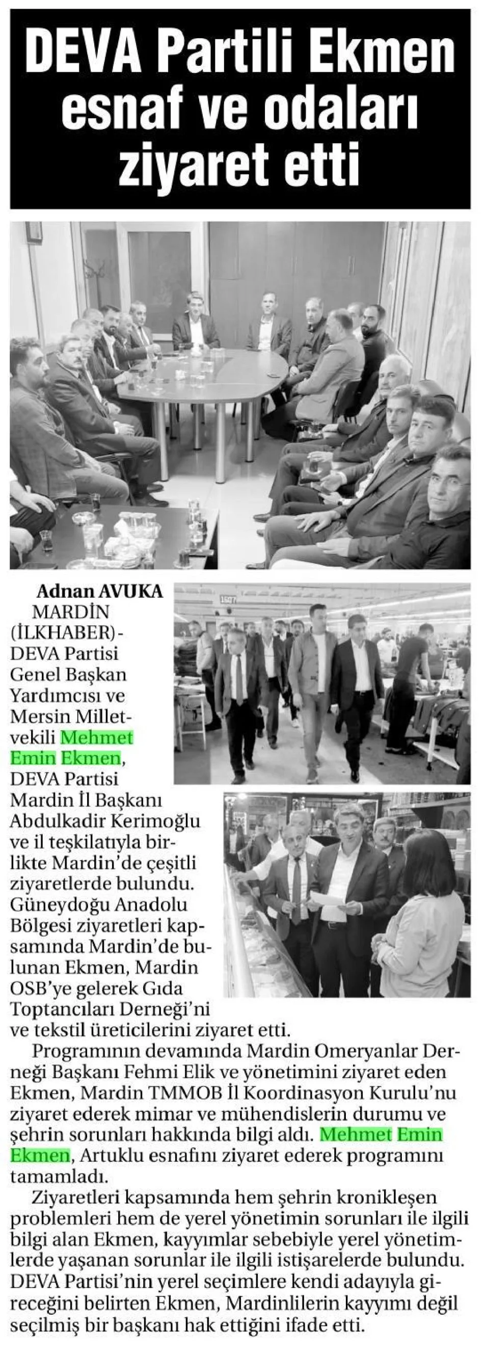 DEVA PARTİLİ EKMEN ESNAF VE ODALARI ZİYARET ETTİ — gazete kupürü