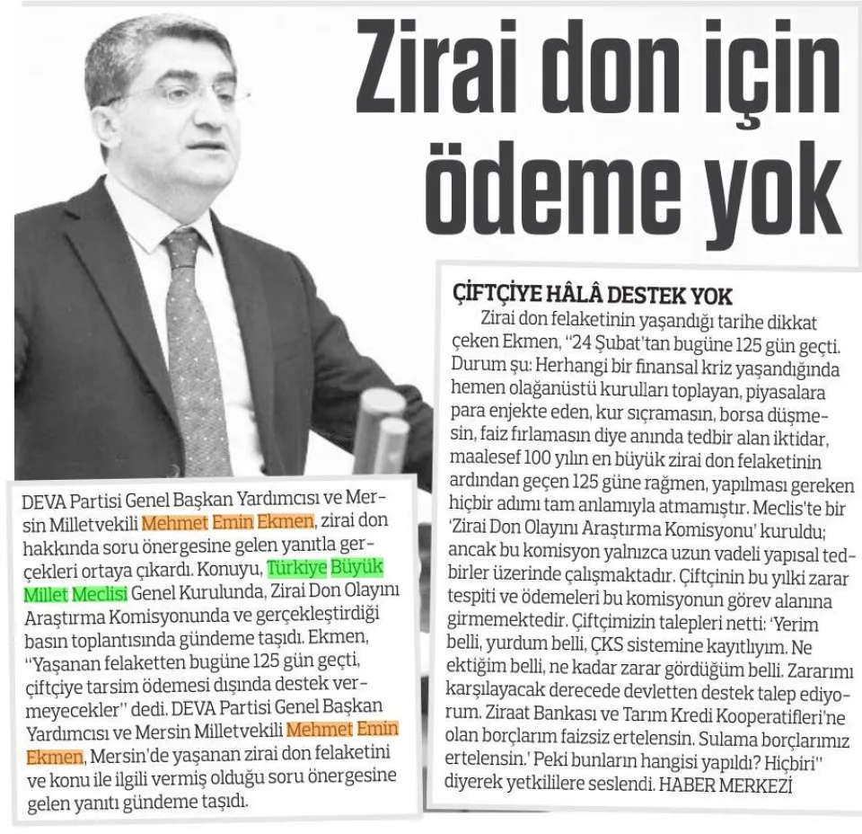ZİRAİ DON İÇİN ÖDEME YOK — gazete kupürü