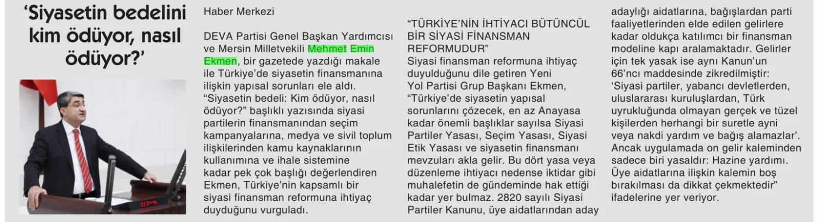 'SİYASETİN BEDELİNİ KİM ÖDÜYOR, NASIL ÖDÜYOR?' — gazete kupürü