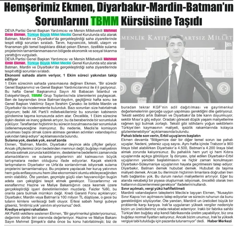 HEMŞERLMİZ EKMEN, DİYARBAKIR-MARDİN-BATMAN'IN SORUNLARINI TBMM KÜRSÜSÜNE TAŞIDI — gazete kupürü