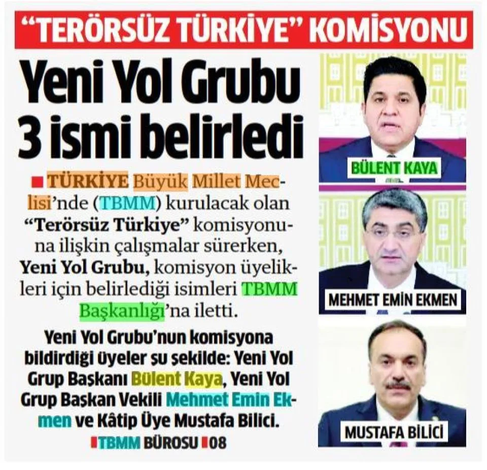 TERÖRSÜZ TÜRKİYE" KOMİSYONU YENİ YOL GRUBU 3 İSMİ BELİRLEDİ — gazete kupürü