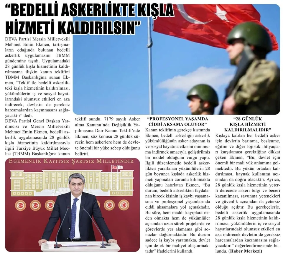 "BEDELLİ ASKERLİKTE KIŞLA HİZMETİ KALDIRILSIN" — gazete kupürü