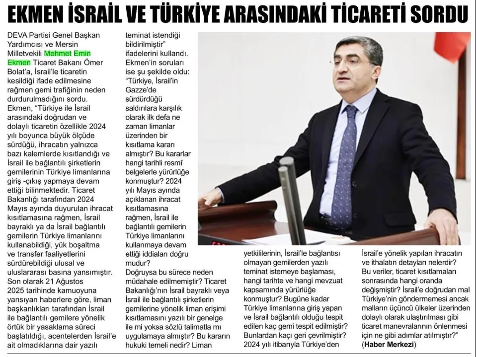 EKMEN İSRAİL VE TÜRKİYE ARASINDAKİ TİCARETİ SORDU — gazete kupürü