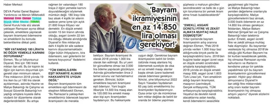 'BAYRAM İKRAMİYESİNİN EN AZ 14.850 LİRA OLMASI GEREKİYOR!' — gazete kupürü