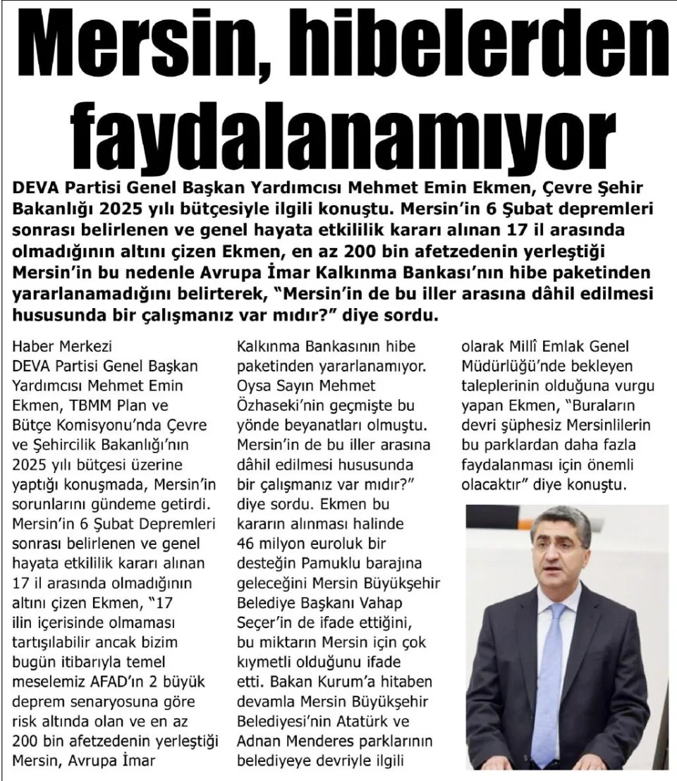 MERSİN, HİBELERDEN FAYDALANAMIYOR — gazete kupürü