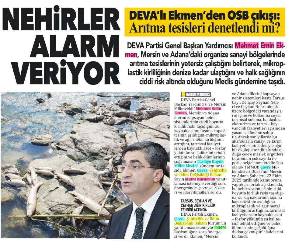 DEVA'LI EKMEN'DEN OSB ÇIKIŞI, ARITMA TESİSLERİ DENETLENDİ Mİ — gazete kupürü