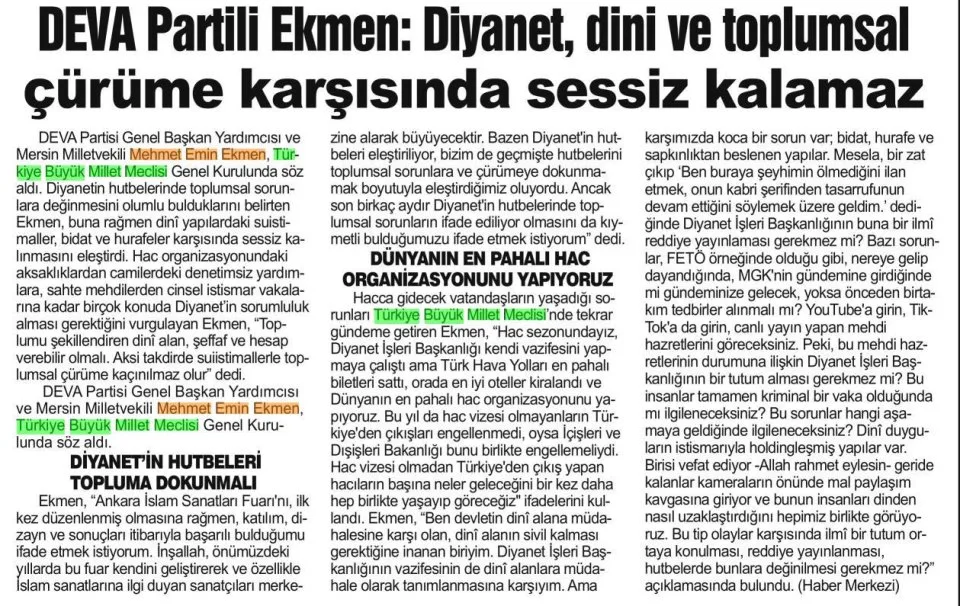 DEVA PARTİLİ EKMEN: DİYANET, DİNİ VE TOPLUMSAL ÇÜRÜME KARŞISINDA SESSİZ KALAMAZ — gazete kupürü
