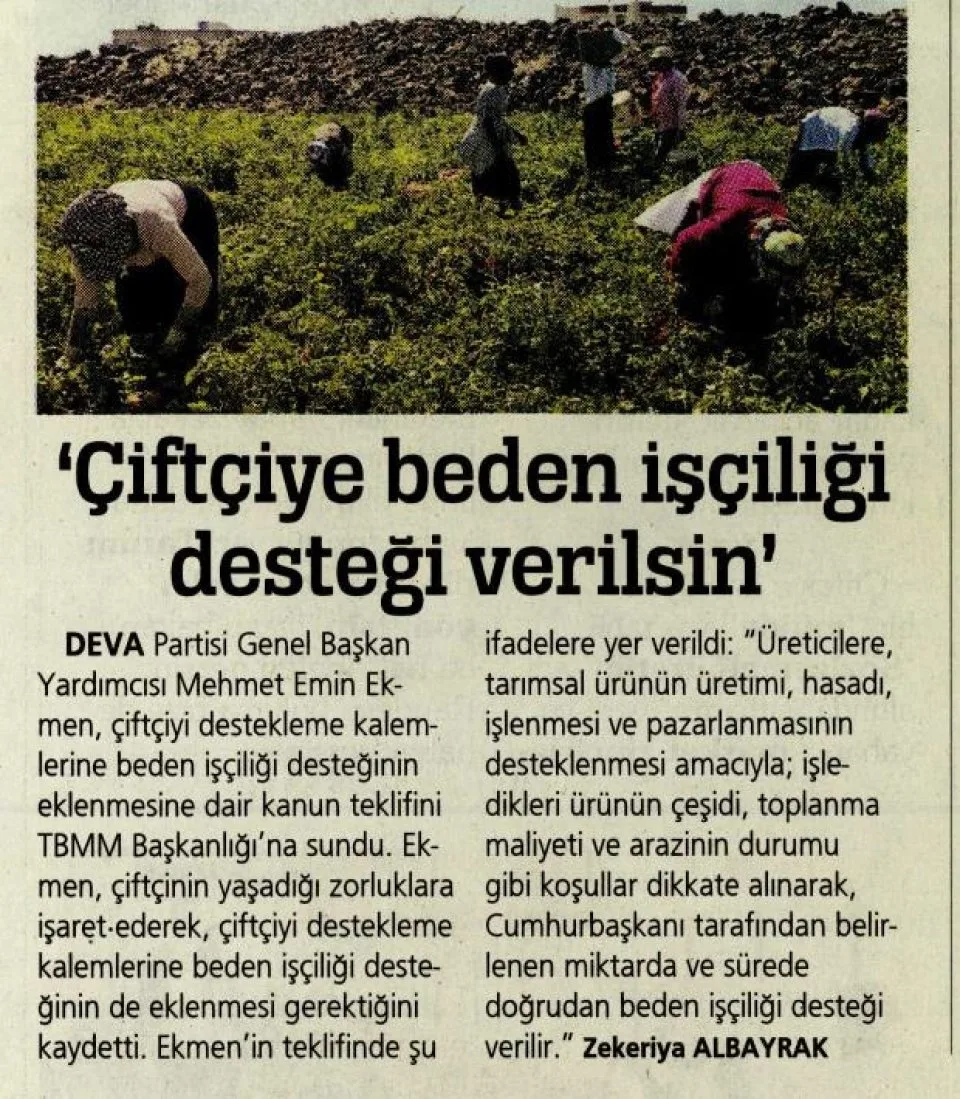 'ÇİFTÇİYE BEDEN İŞÇİLİĞİ DESTEĞİ VERİLSİN' — gazete kupürü