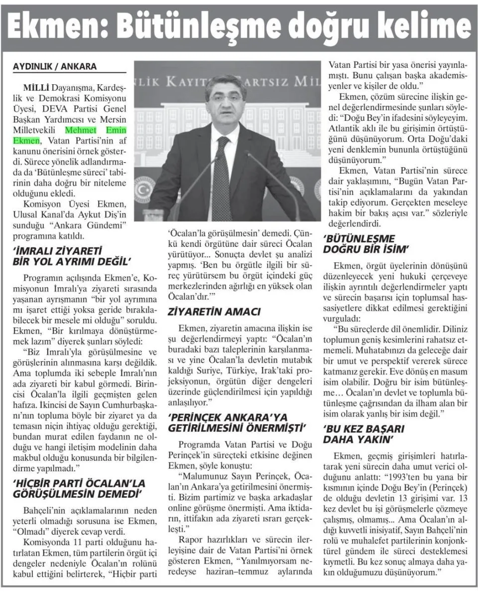 VATAN PARTİSİ'NİN ÖNERİSİNİ ÖRNEK GÖSTERDİ — gazete kupürü