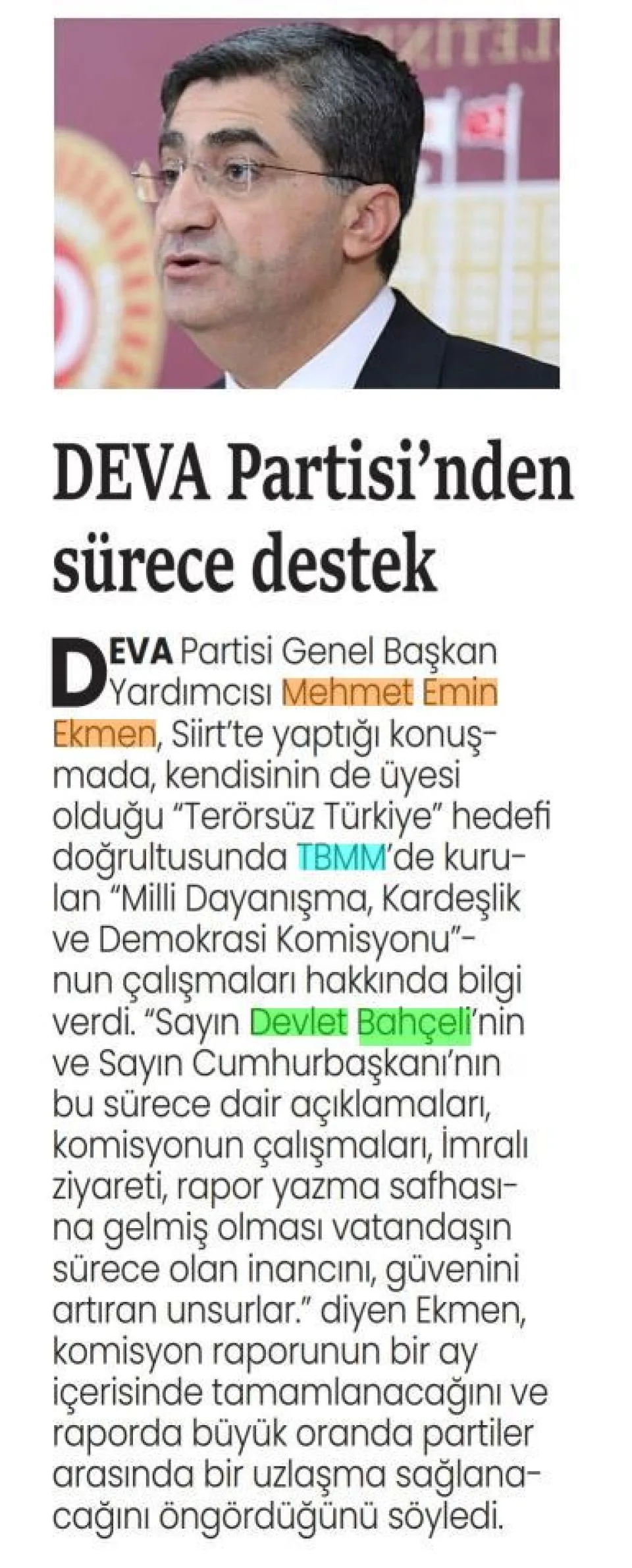 DEVA PARTİSİ'NDEN SÜRECE DESTEK — gazete kupürü