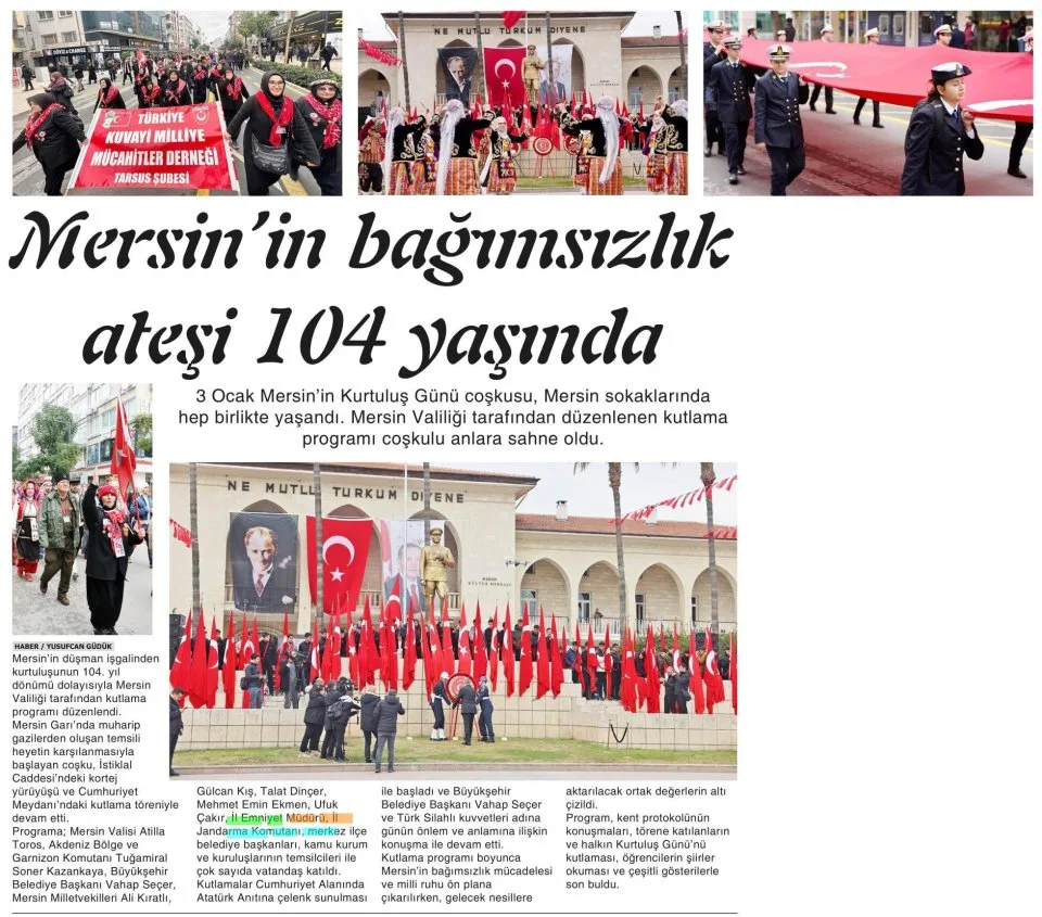 MERSİN 'İN BAĞIMSIZLIK ATEŞİ 104 YAŞINDA — gazete kupürü