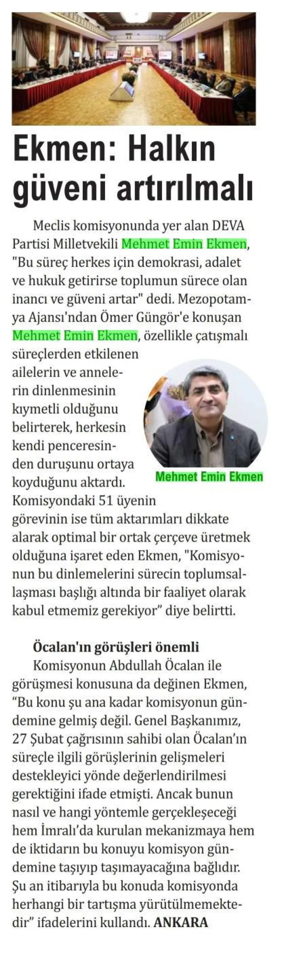EKMEN: HALKIN GÜVENİ ARTIRILMALI — gazete kupürü