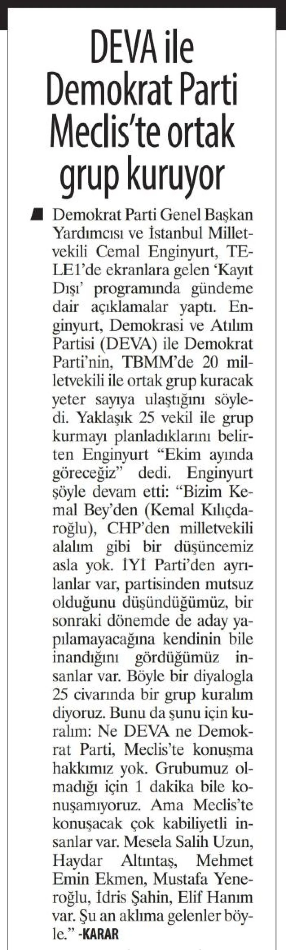 DEVA İLE DEMOKRAT PARTİ MEDİS'TE ORTAK GRUP KURUYOR — gazete kupürü