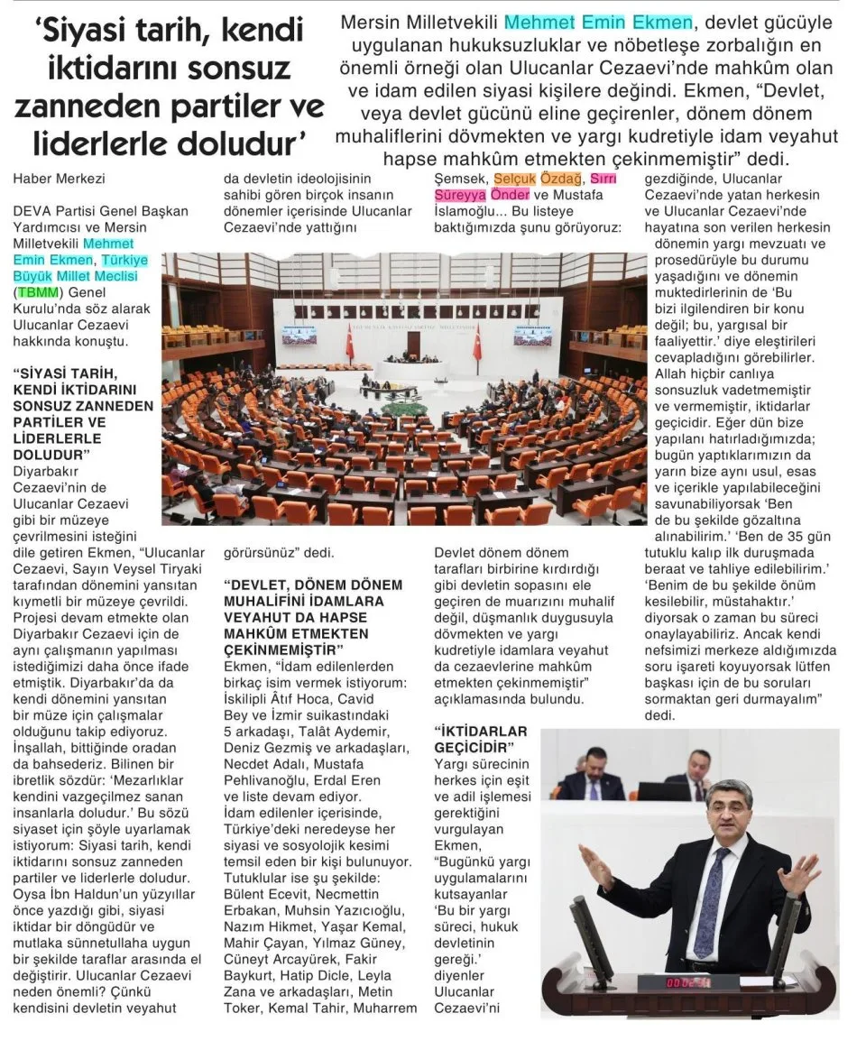 'SİYASİ TARİH, KENDİ İKTİDARINI SONSUZ ZANNEDEN PARTİLER VE LİDERLERLE DOLUDUR' — gazete kupürü