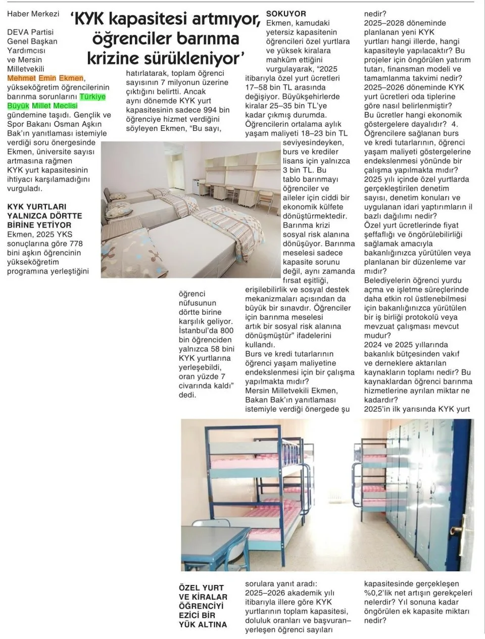 'KYK KAPASİTESİ ARTMIYOR, ÖĞRENCİLER BARINMA KRİZİNE SÜRÜKLENİYOR' — gazete kupürü