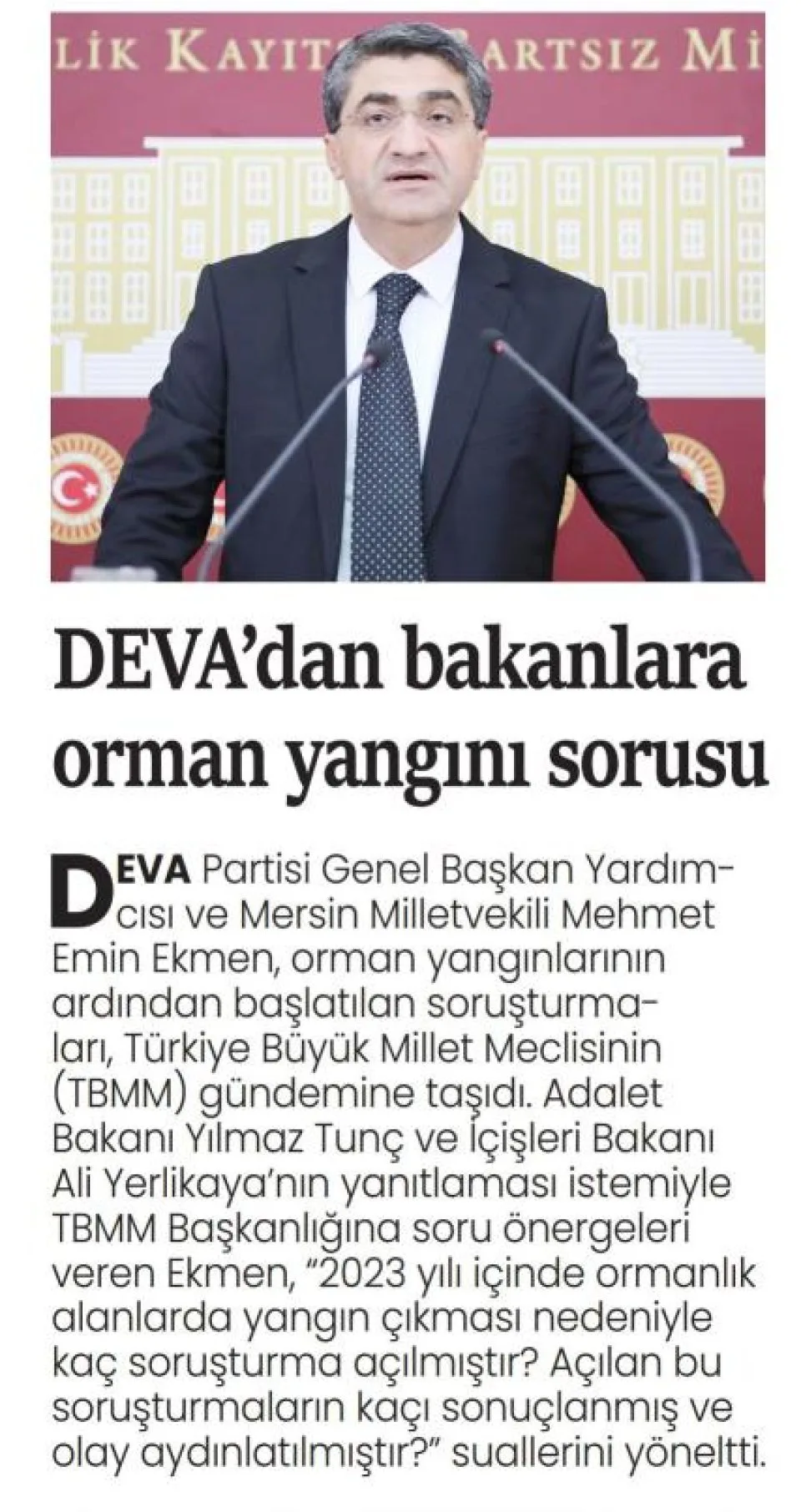 DEVA'DAN BAKANLARA ORMAN YANGINI SORUSU — gazete kupürü