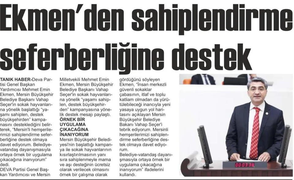 EKMEN'DEN SAHİPLENDİRİN! SEFERBERLİĞİNE DESTEK — gazete kupürü