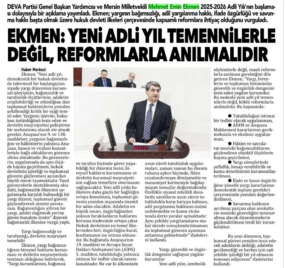 EKMEN: YENİ ADLİ YIL TEMENNİLERLE DEĞİL REFORMLARLA ANILMALIDIR — gazete kupürü