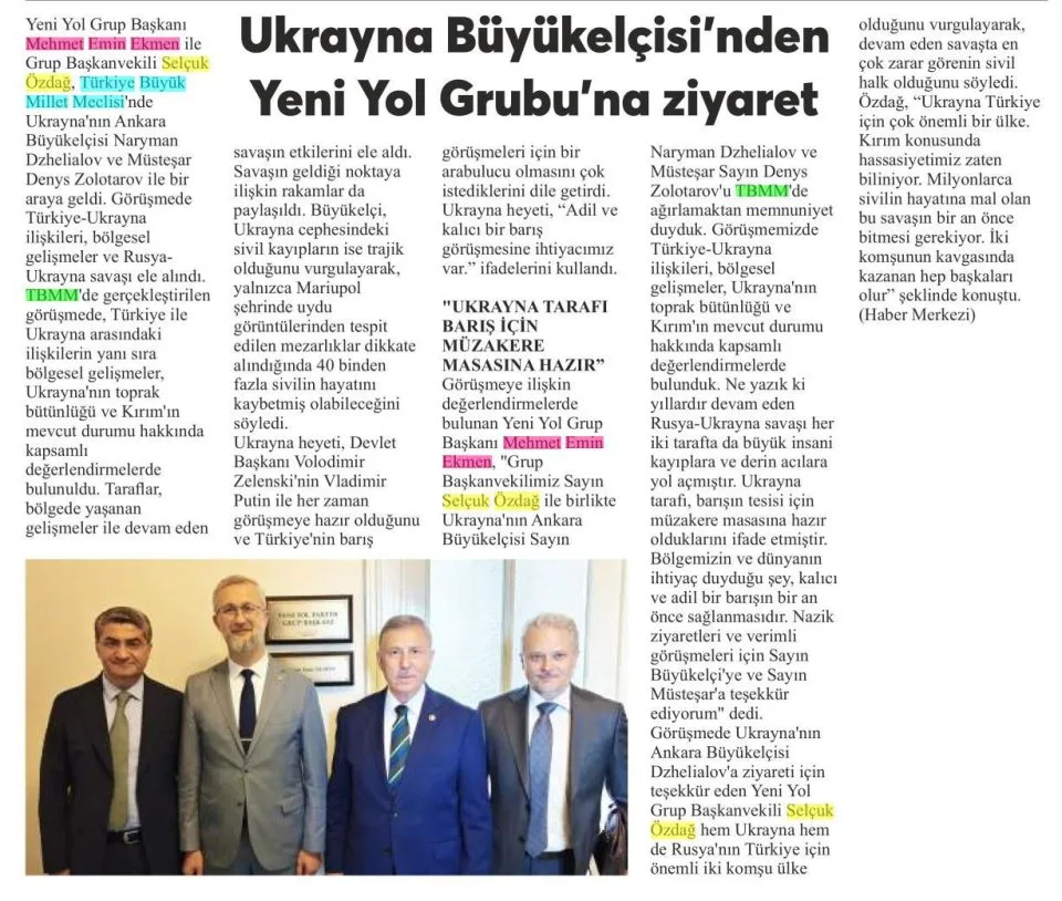 UKRAYNA BÜYÜKELÇİSİ'NDEN YENİ YOL GRUBU'NA ZİYARET — gazete kupürü