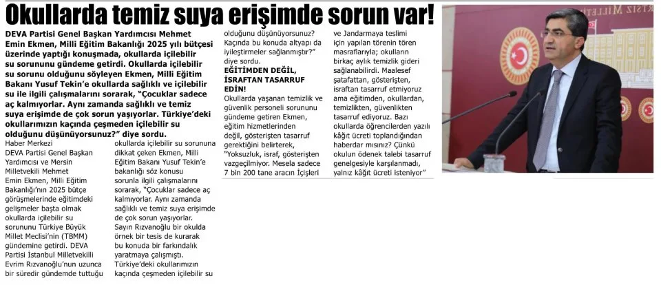 OKULLARDA TEMİZ SUYA ERİŞİMDE SORUN VAR! — gazete kupürü