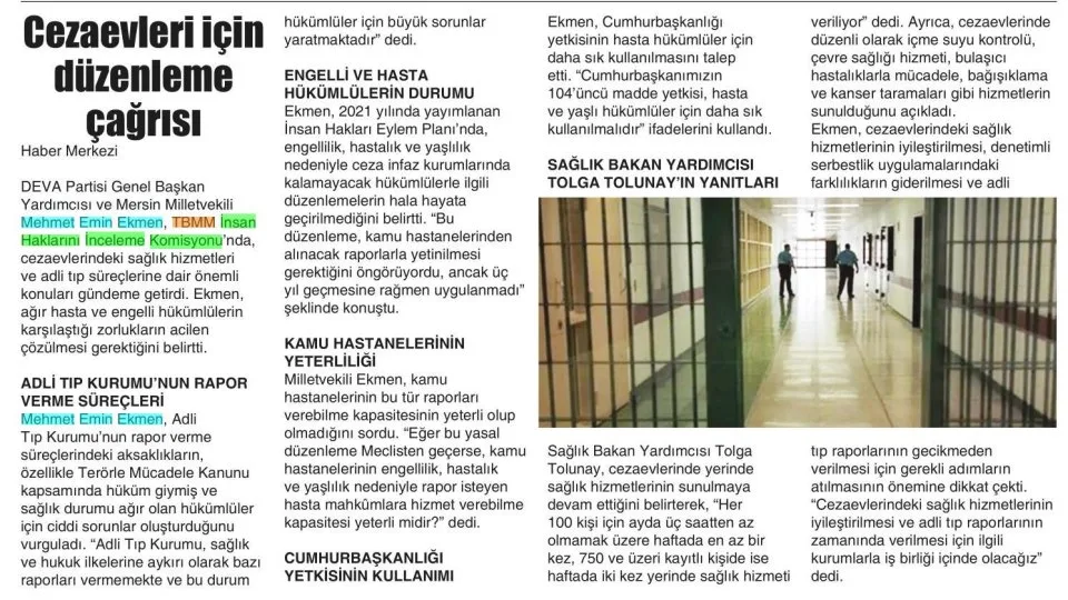 CEZAEVLERİ İÇİN DÜZENLEME ÇAĞRISI — gazete kupürü