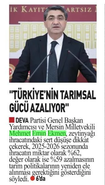 'TÜRKİYE'NİN TARIMSAL GÜCÜ AZALIYOR' — gazete kupürü
