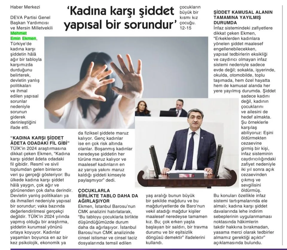 'KADINA KARŞI ŞİDDET YAPISAL BİR SORUNDUR' — gazete kupürü