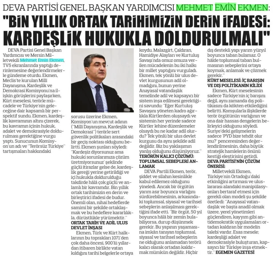 "BİN YILLIK ORTAK TARİHİMİZİN DERİN İFADESİ: KARDEŞLİK HUKUKLA DOLDURULMALI" — gazete kupürü
