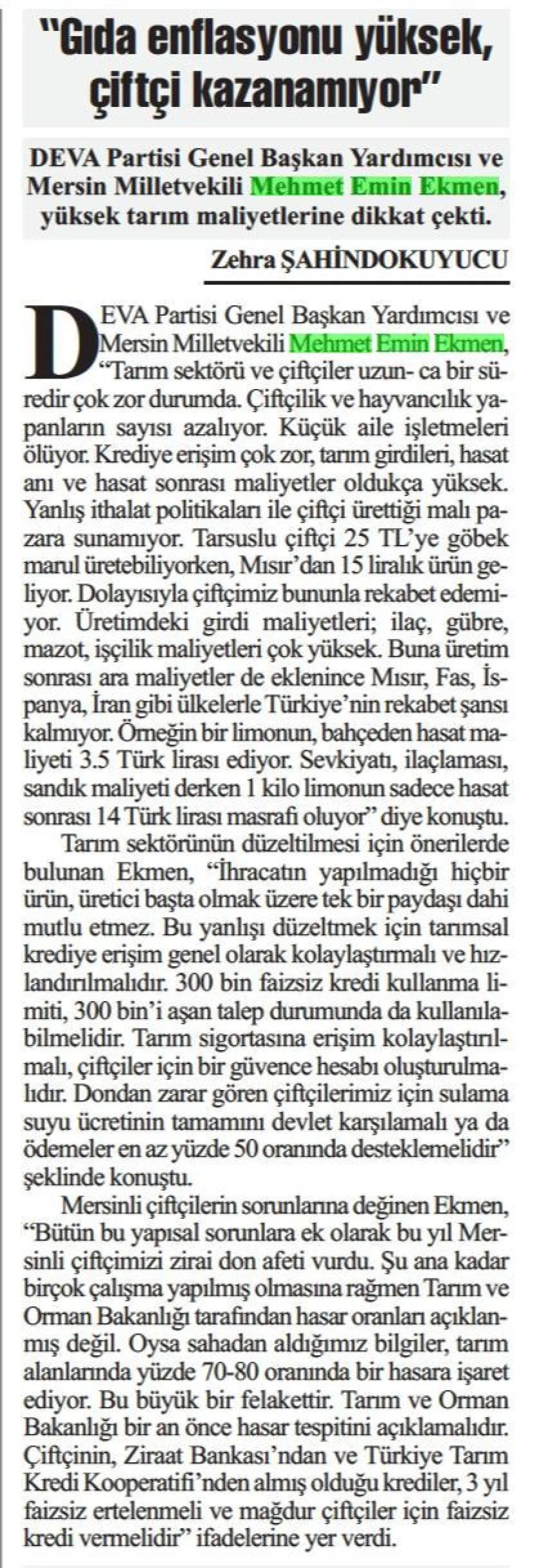 ''GIDA ENFLASYONU YÜKSEK , ÇİFTÇİ KAZANAMIYOR'' — gazete kupürü