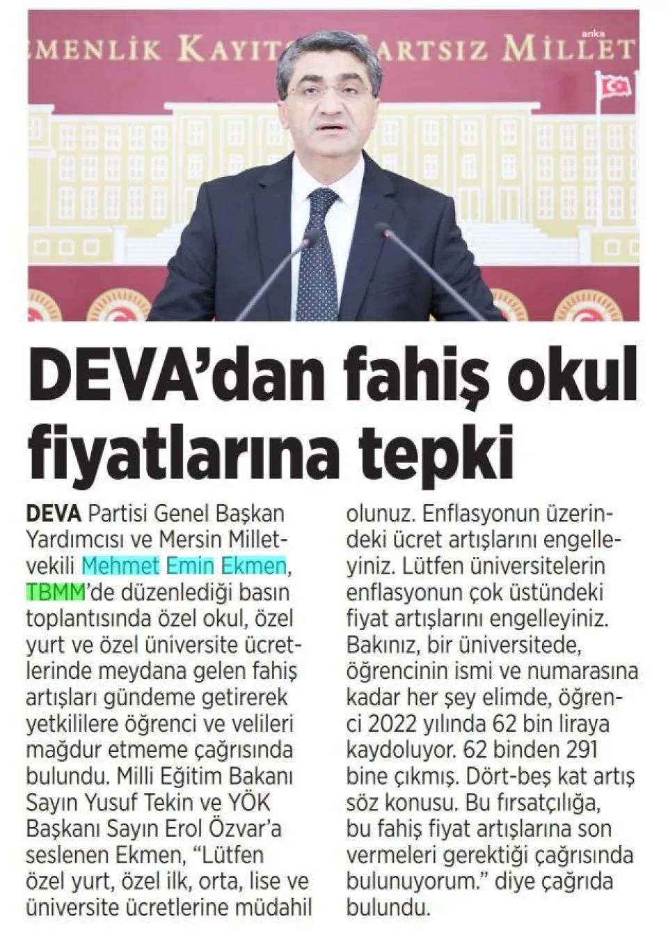 DEVA'DAN FAHİŞ OKUL FİYATLARINA TEPKİ — gazete kupürü