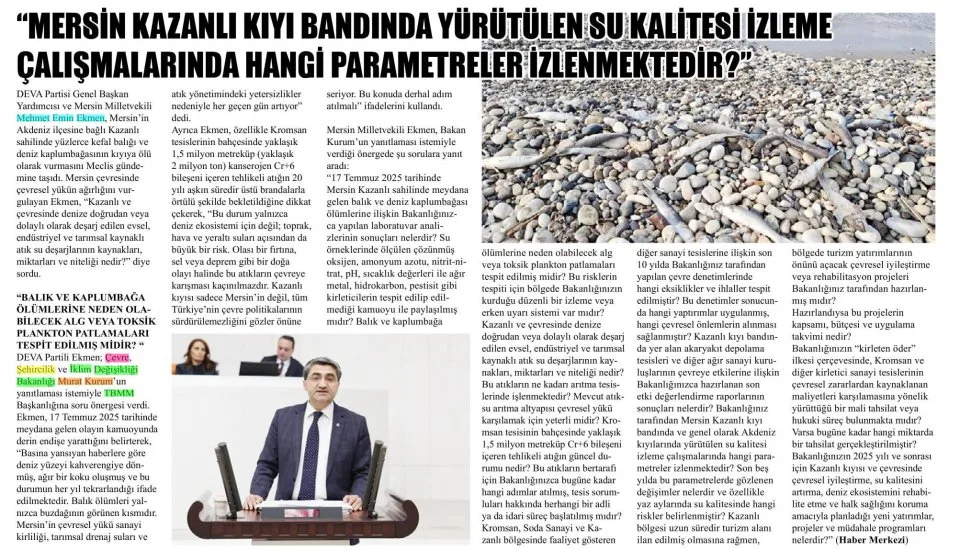 KAZANLI'DAKİ BALIK ÖLÜMLERİ MECLİS GÜNDEMİNDE — gazete kupürü