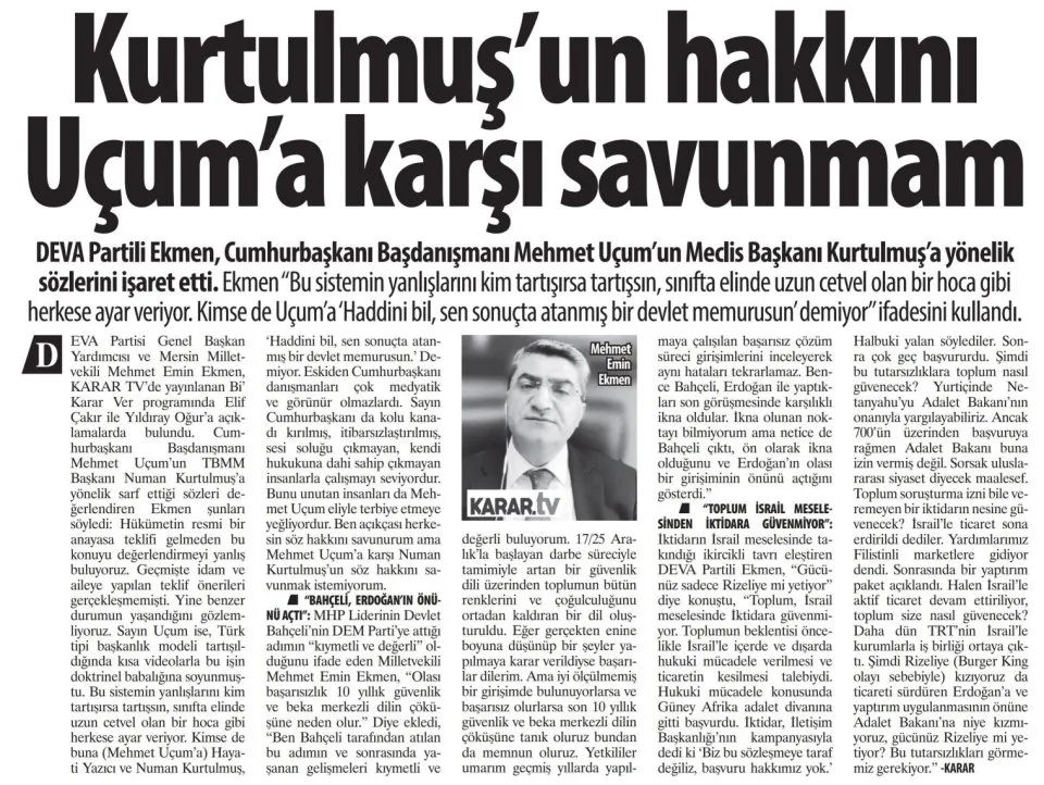 KURTULMUŞ'UN HAKKINI UCUMA KARŞI SAVUNMAM — gazete kupürü