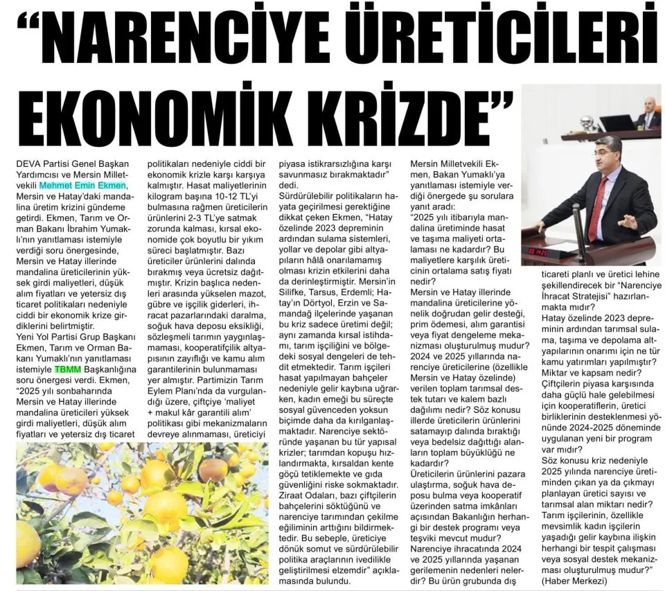 NARENCİYE ÜRETİCİLERİ EKONOMİK KRİZDE — gazete kupürü