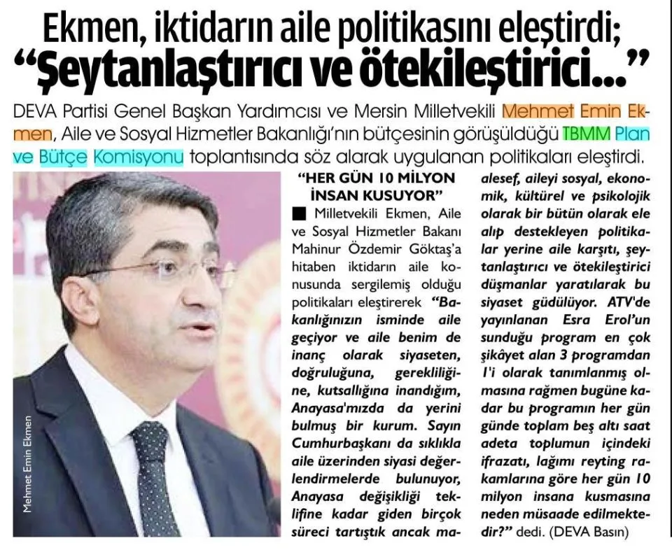EKMEN, İKTİDARIN AİLE POLİTİKASINI ELEŞTİRDİ; ''ŞEYTANLAŞTIRICI VE ÖTEKLİLEŞTİRİCİ...'' — gazete kupürü