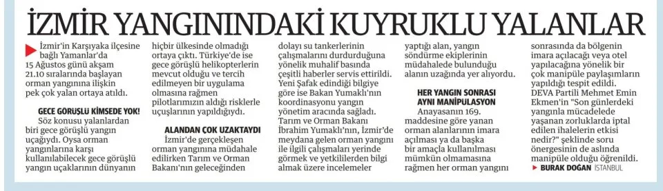 İZMİR YANGININDAKİ KUYRUKLU YALANLAR — gazete kupürü