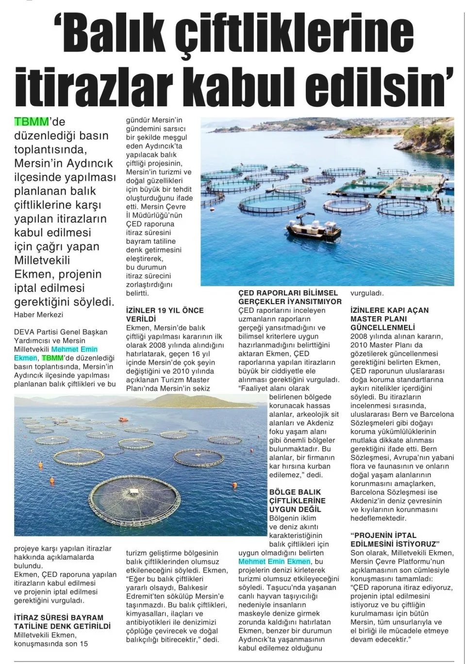 'BALIK ÇİFTLİKLERİNE İTİRAZLAR KABUL EDİLSİN' — gazete kupürü