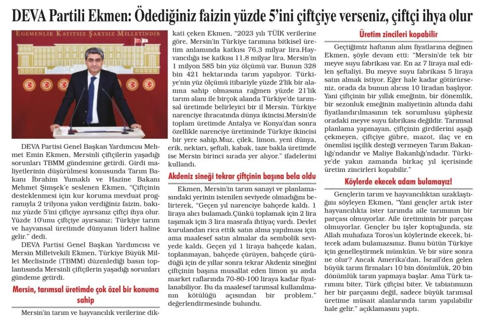 DEVA PARTİLİ EKMEN — gazete kupürü