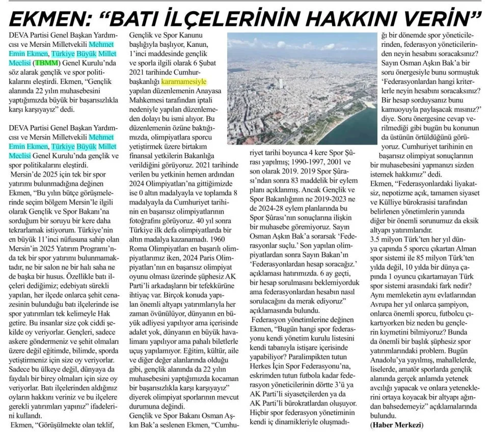 "BATI İLÇELERİNİN HAKKINI VERİN" — gazete kupürü