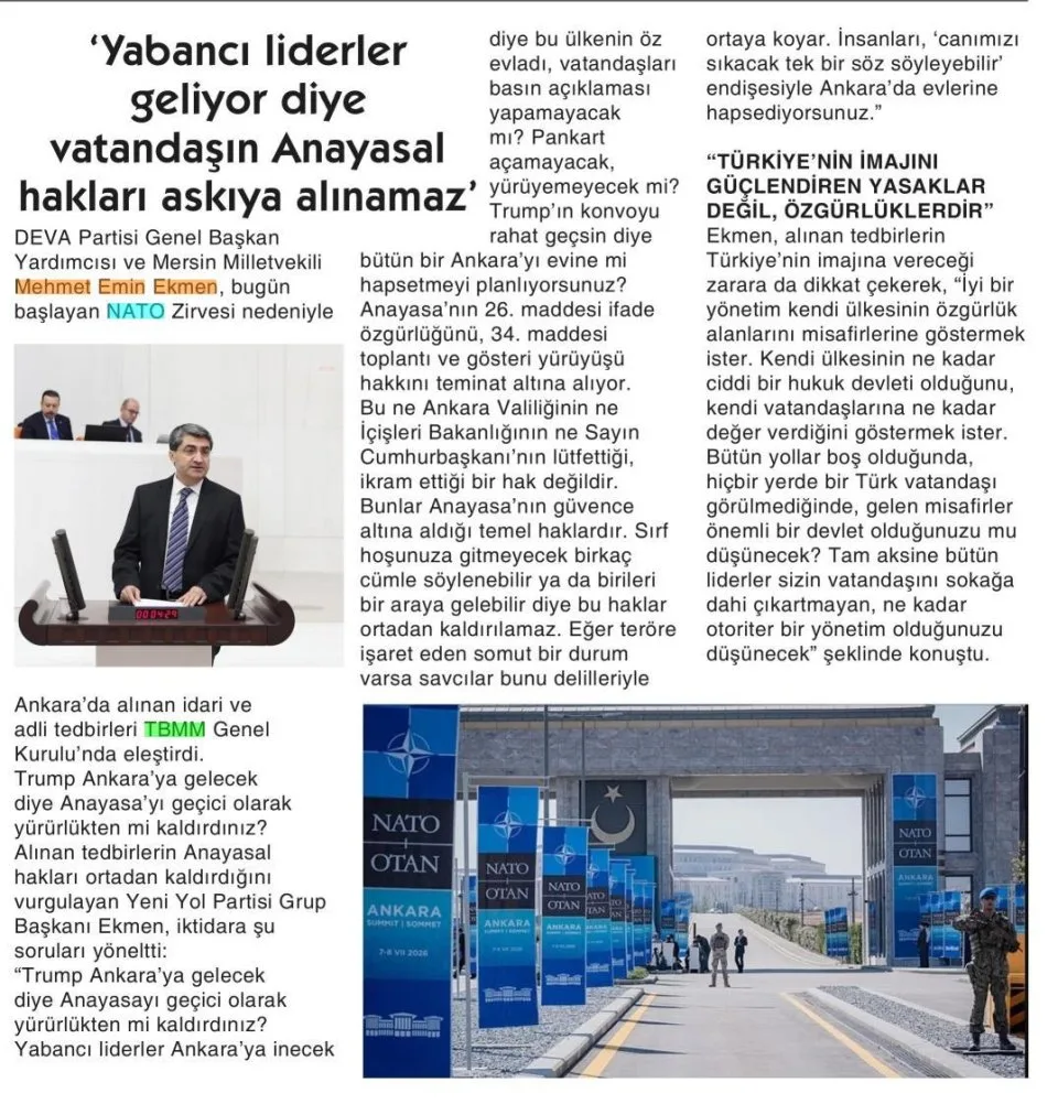 'YABANCI LİDERLER GELİYOR DİYE VATANDAŞIN ANAYASAL HAKLARI ASKIYA ALINAMAZ' — gazete kupürü