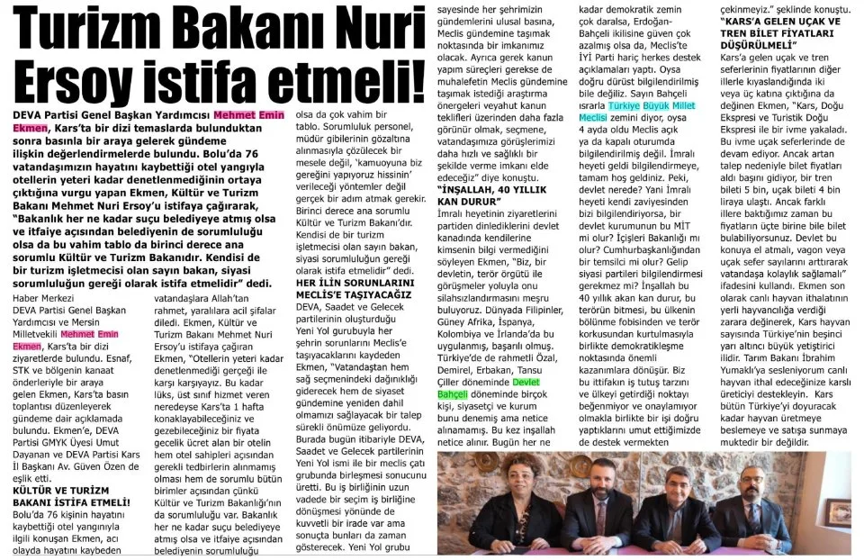 TURİZM BAKANI NURİ ERSOY İSTİFA ETMELİ! — gazete kupürü