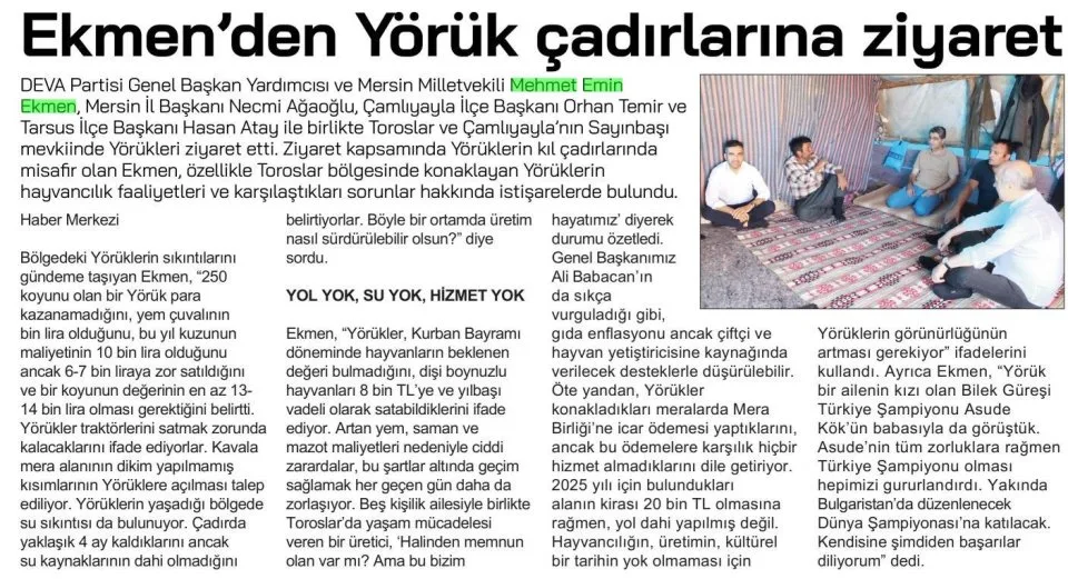 EKMEN'DEN YÖRÜK ÇADIRLARINA ZİYARET — gazete kupürü