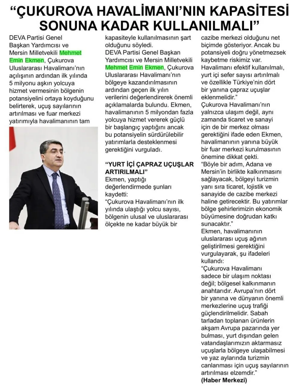"ÇUKUROVA HAVALİMANI'NIN KAPASİTESİ SONUNA KADAR KULLANILMALI" — gazete kupürü