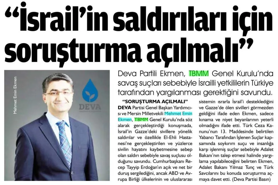 İSRAİL'İN SALDIRILARI İÇİN SORUŞTURMA AÇILMALI — gazete kupürü