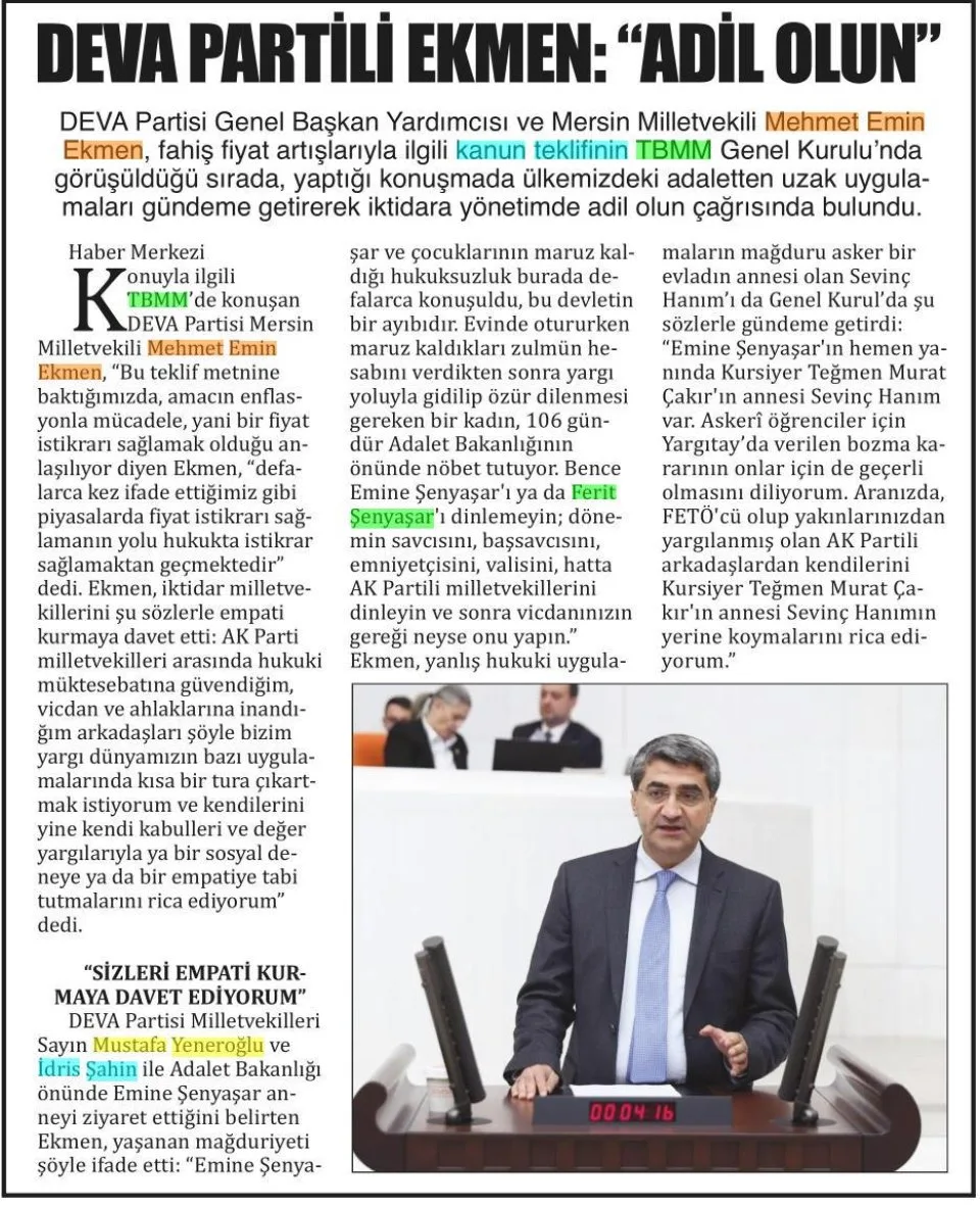 DEVA PARTİLİ EKMEN — gazete kupürü