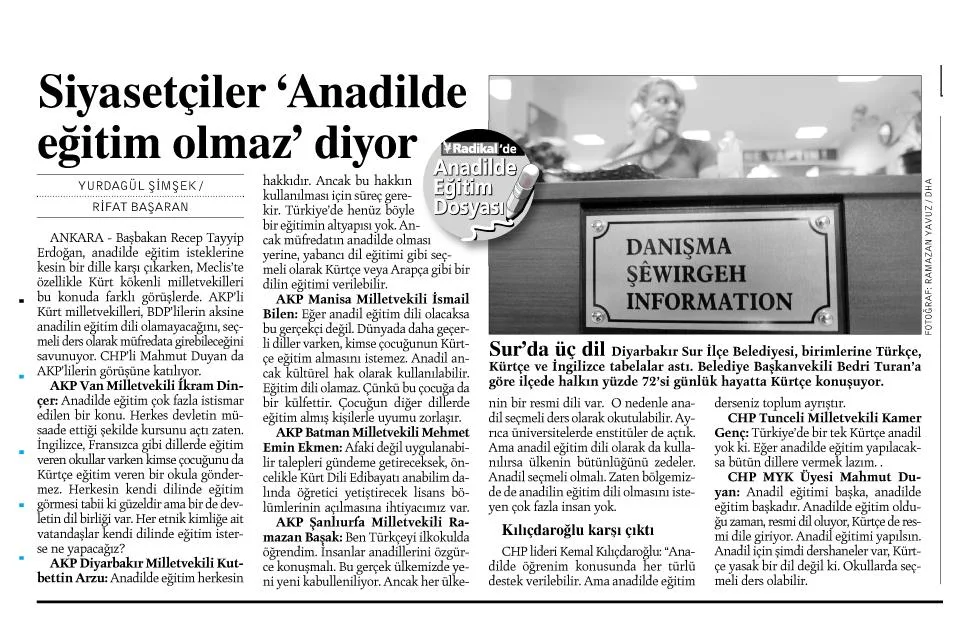 Siyasetçiler ‘Anadilde eğitim olmaz’ diyor — gazete kupürü