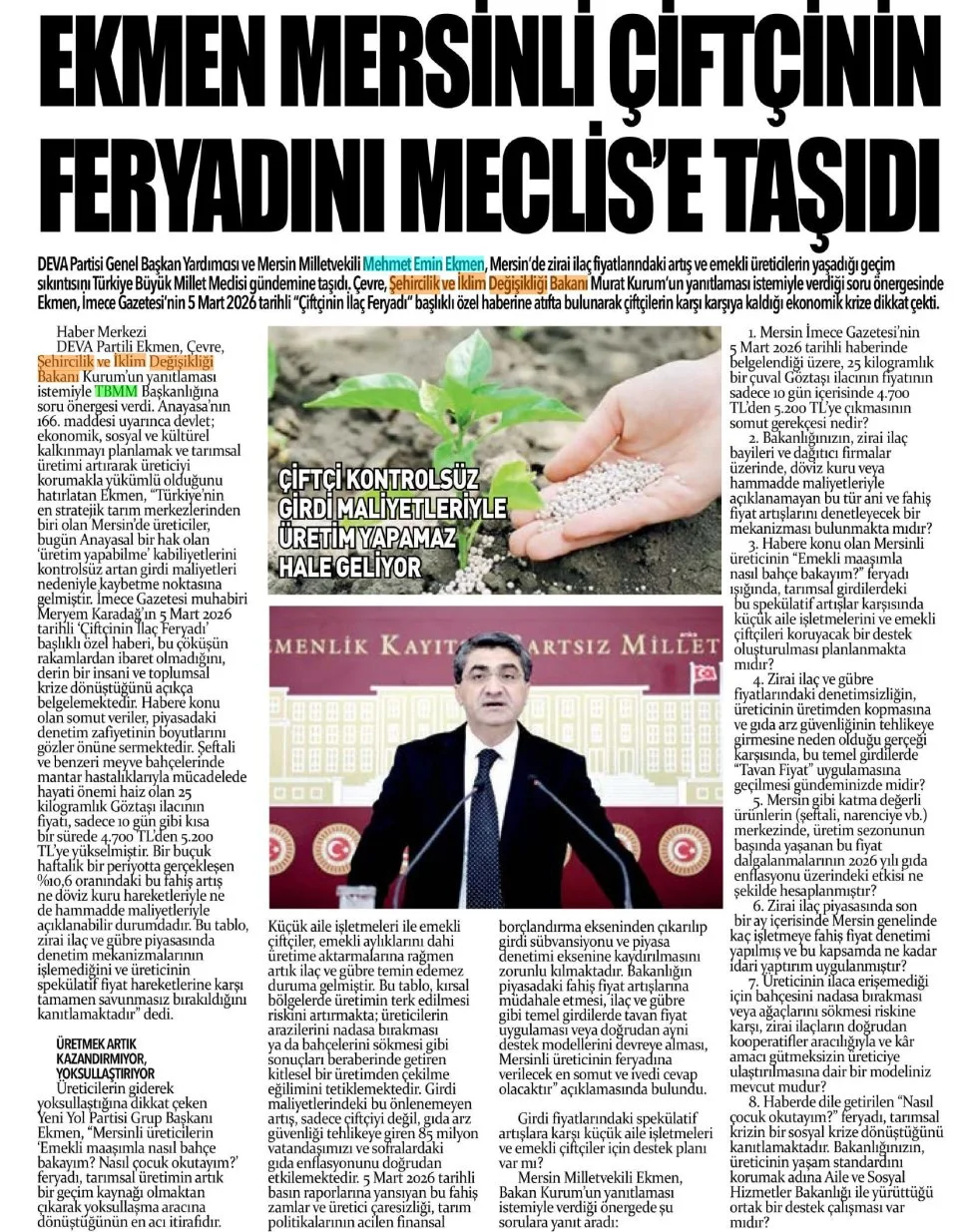 MERSİNLİ ÇİFTÇİNİN FERYADI MECLİSTE — gazete kupürü