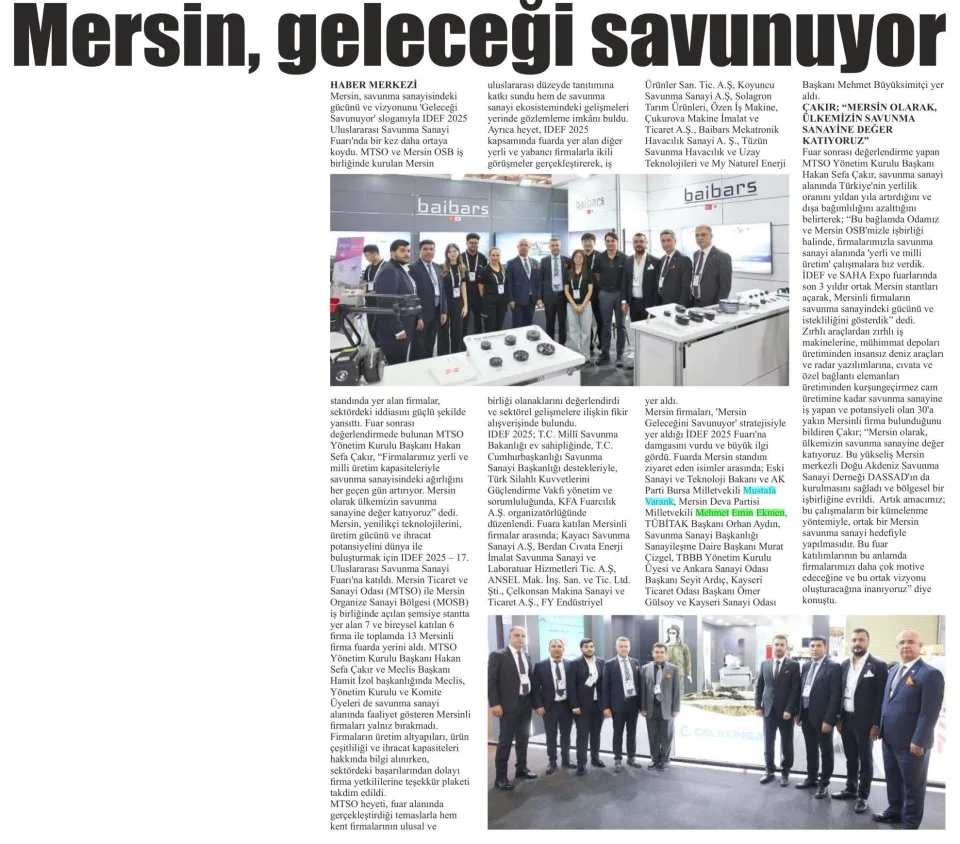 MERSİN, GELECEĞİ SAVUNUYOR — gazete kupürü