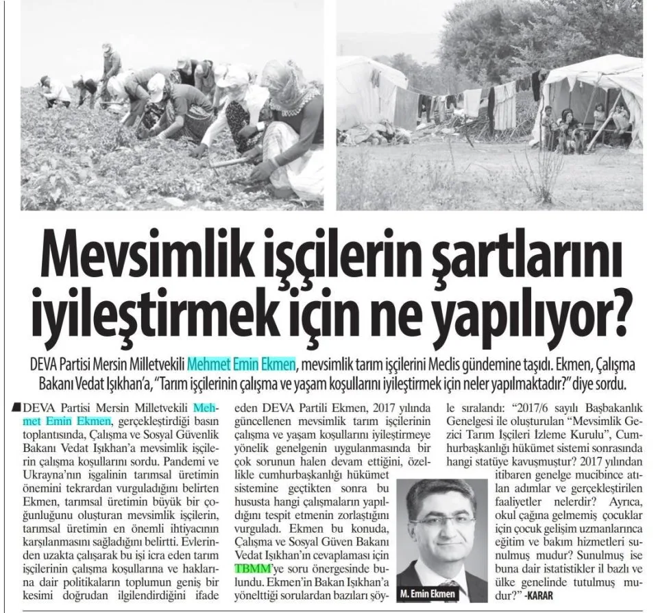 MEVSİMLİK İŞÇİLERİN ŞARTLARINI İYİLEŞTİRMEK İÇİN NE YAPILIYOR? — gazete kupürü